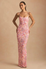 Embellished Scoop-Neck Backless Maxi Dress in Pink