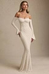 Off-Shoulder Ruffle Lace Maxi Dress in Ivory
