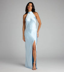 Andie Halter Open Back Slit Satin Formal Dress