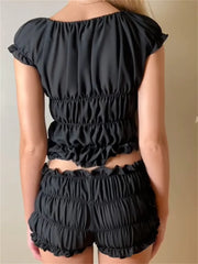 Pleated Tie-Front Short Sleeve Shorts Two Piece Set