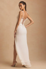 Embellished Plunge Ruffled Corset Maxi Dress in Ivory