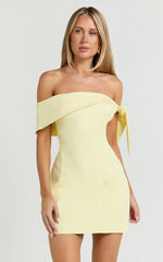 Cecilia Mini Dress - Off Shoulder Tie Detail Dress in Lemon