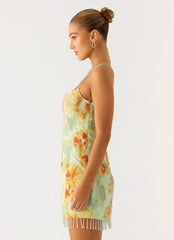 Gatiana Beaded Sequin Mini Dress - Green Floral Beaded
