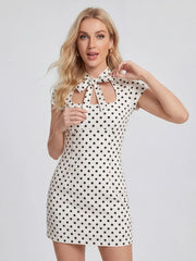 Sweet Bow Cut-out Neckline Polka Dot Mini Dress