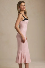 Layered Bra-Detail Fishtail Midaxi Dress in Pink Polka Dot