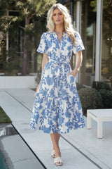 Lydie Button Midi Dress | White + Blue