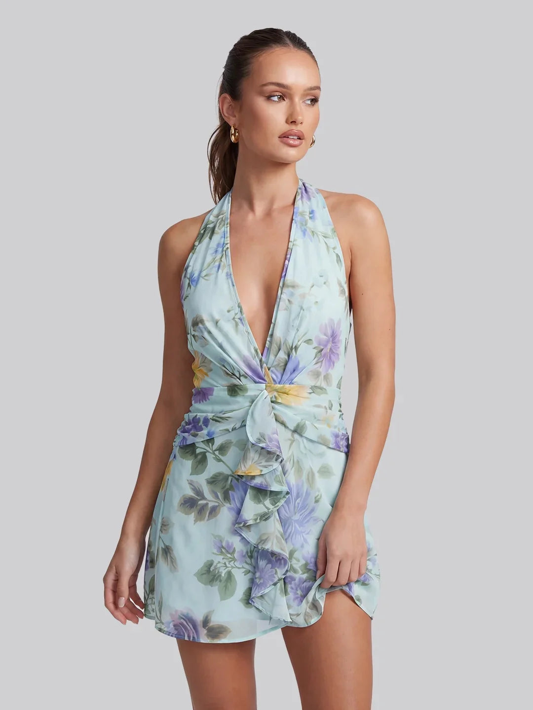 Romantic Backless Floral Printed Halter Mini Dress