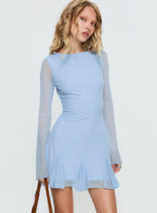 Evita Long Sleeve Pleat Mini Dress Sky Blue