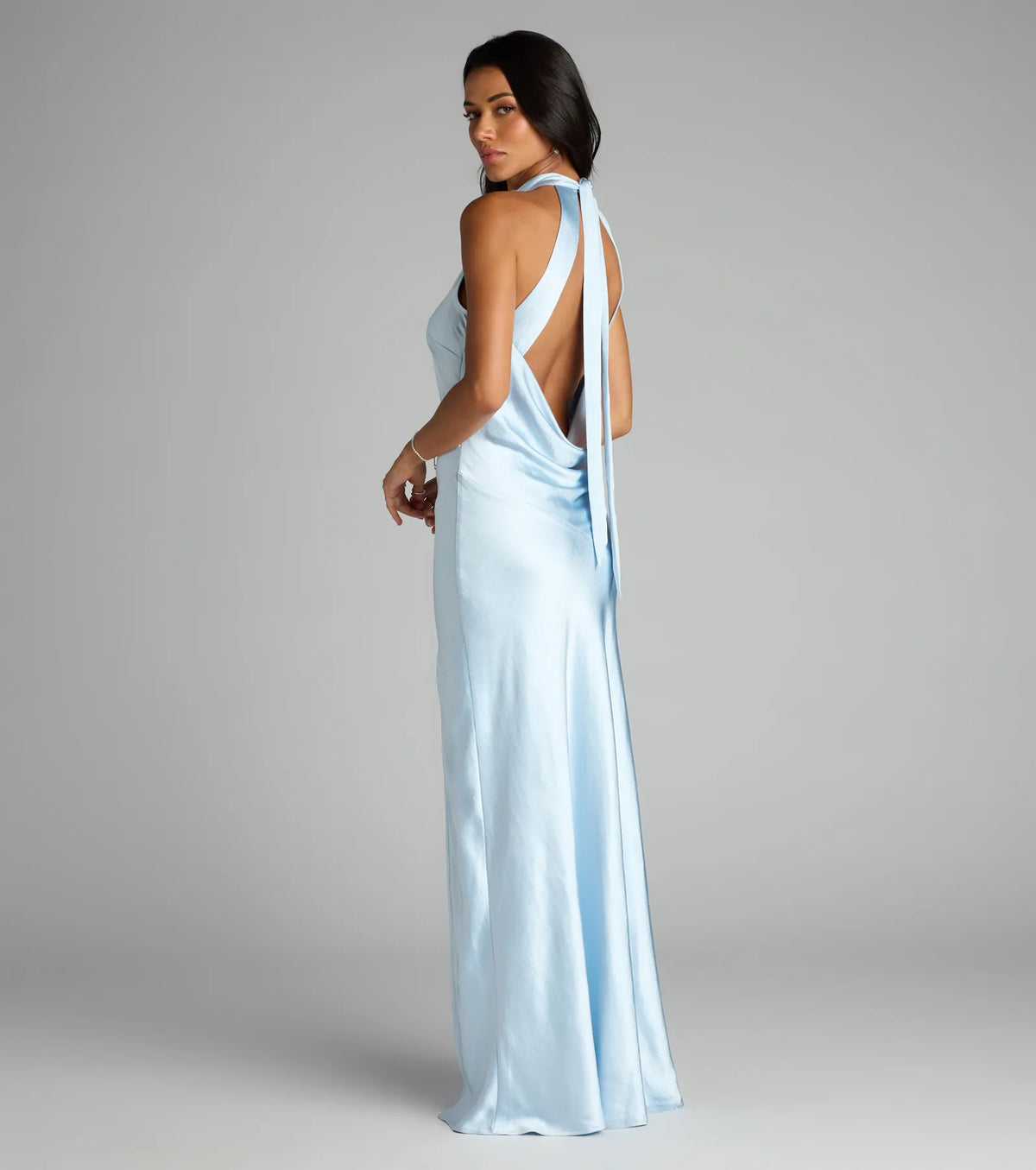 Andie Halter Open Back Slit Satin Formal Dress