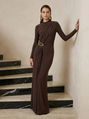 High-Neck Maxi Dress With Gathered-Detail