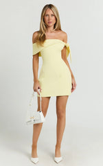 Cecilia Mini Dress - Off Shoulder Tie Detail Dress in Lemon