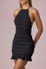 Ruffled Backless Halterneck Mini Dress in Black