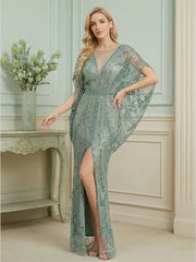 Retro Batwing Sleeve Sequin Evening Gown