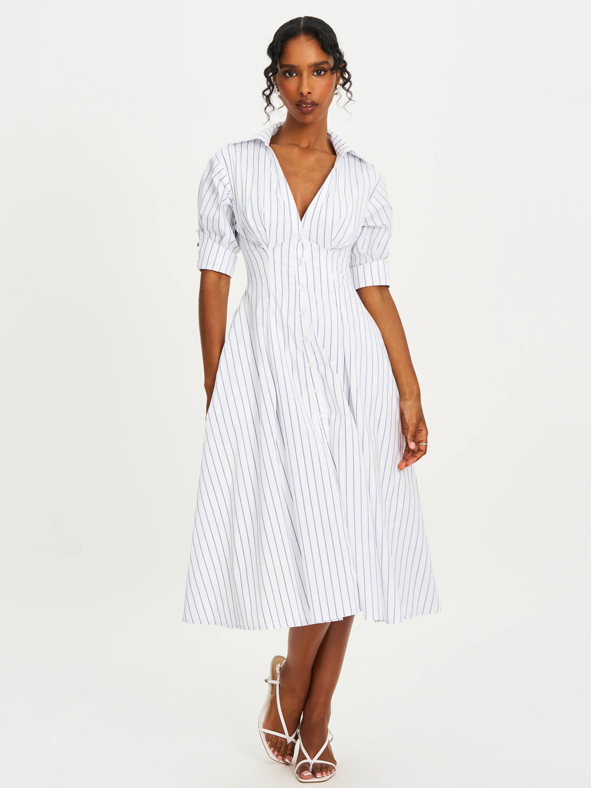 Palina Pinstripes Cotton Poplin Pleated Midi Preppy Shirt Dress