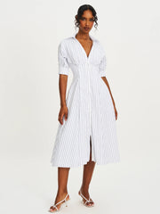 Palina Pinstripes Cotton Poplin Pleated Midi Preppy Shirt Dress