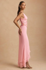 Embellished Plunge Ruffled Corset Maxi Dress in Pink