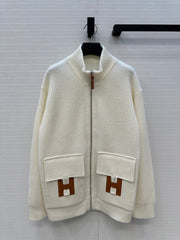 HM 25S Zipped Jacket H Leather Pockets in White Cashmere