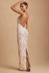 Embellished Scoop-Neck Backless Maxi Dress in Ivory