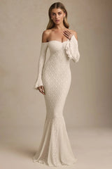 Off-Shoulder Ruffle Lace Maxi Dress in Ivory