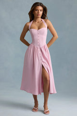 Button-Detail Halterneck Midaxi Dress in Soft Pink