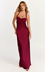 Flynn Maxi Dress - Satin Halter Sweetheart Neck Dress in Wine