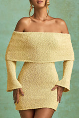 Bouclé Off-Shoulder Mini Dress in Yellow